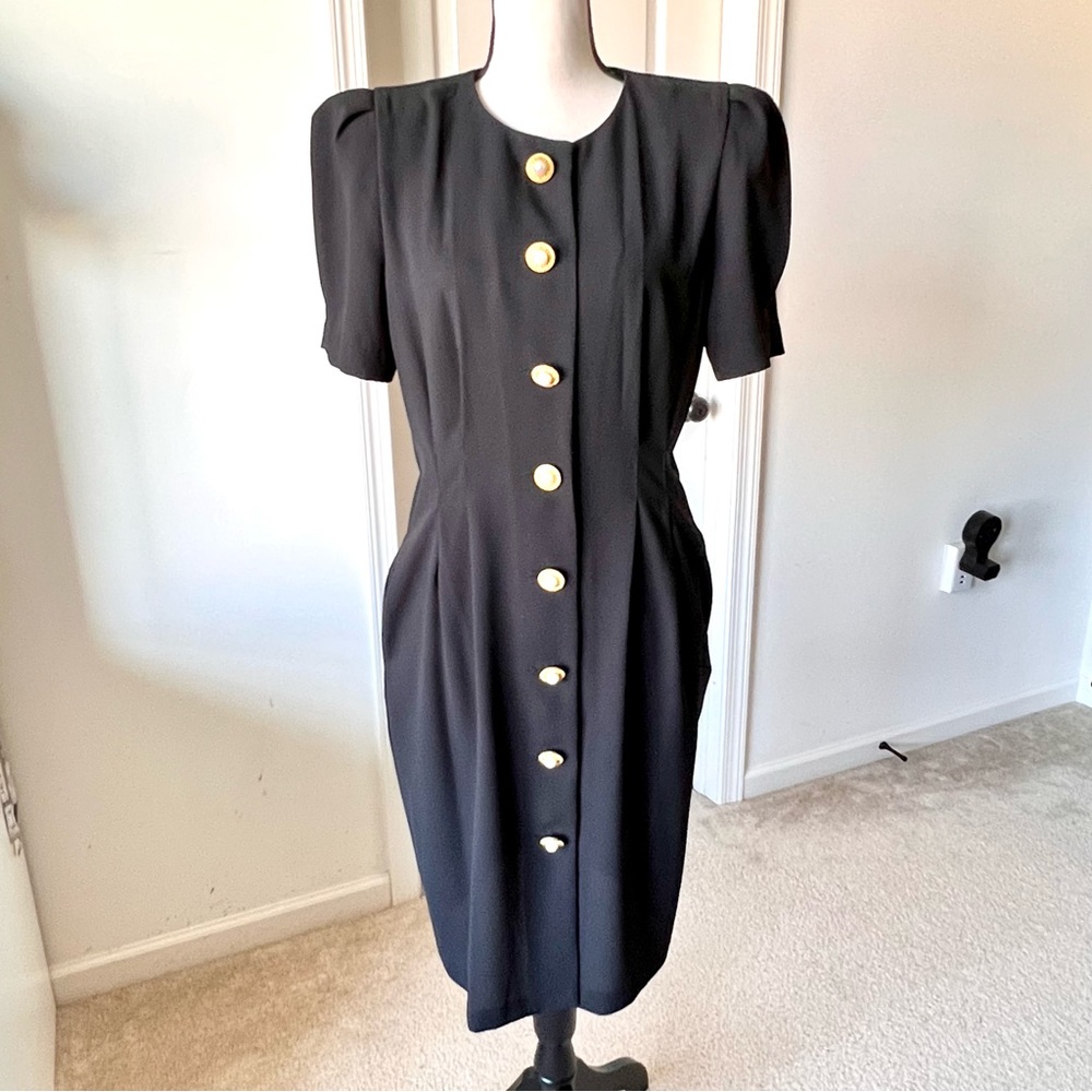 Vintage KARIN STEVENS Petite Pearl Button Down Midi Sheath Dress—SZ. 10P